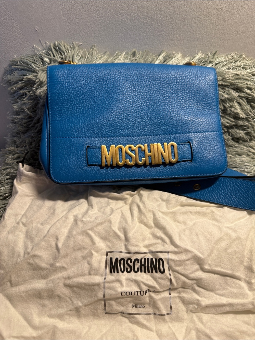 Moschino Bright Blue Pebbled Leather Crossbody with Gold Logo